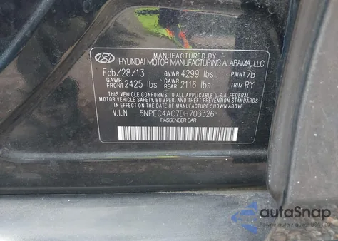 2013 Hyundai Sonata Se from USA, damaged, VIN 5NPEC4AC7DH703326